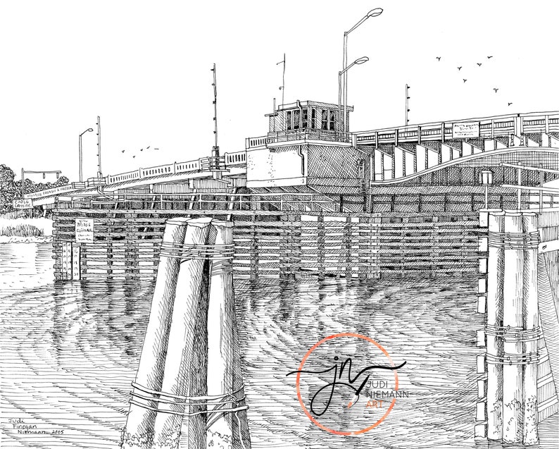 Battleship North Carolina, Pen and Ink Drawing Cape Fear River