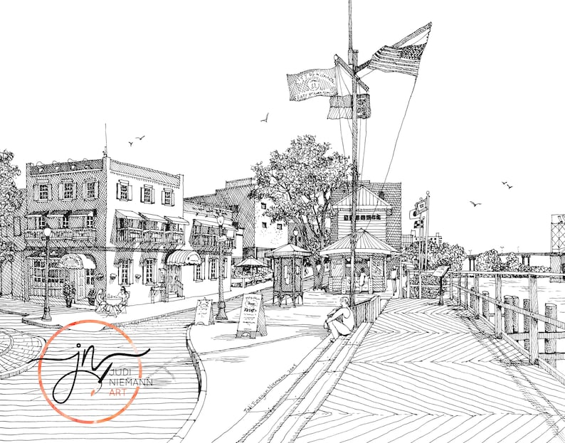 Wilmington Riverfront Pen and Ink Drawing Downtown Wilmington Etsy