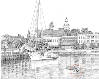 Annapolis City Dock | Fine Art Print | Spa Creek | Peacock Alley|  Chesapeake Bay | US Naval Academy Art | State Capitol | Christmas
