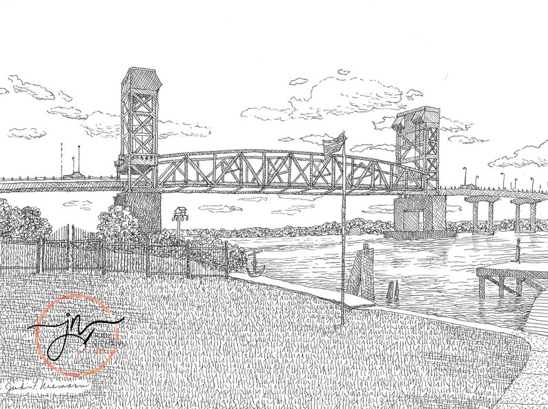 Battleship North Carolina, Pen and Ink Drawing Cape Fear River