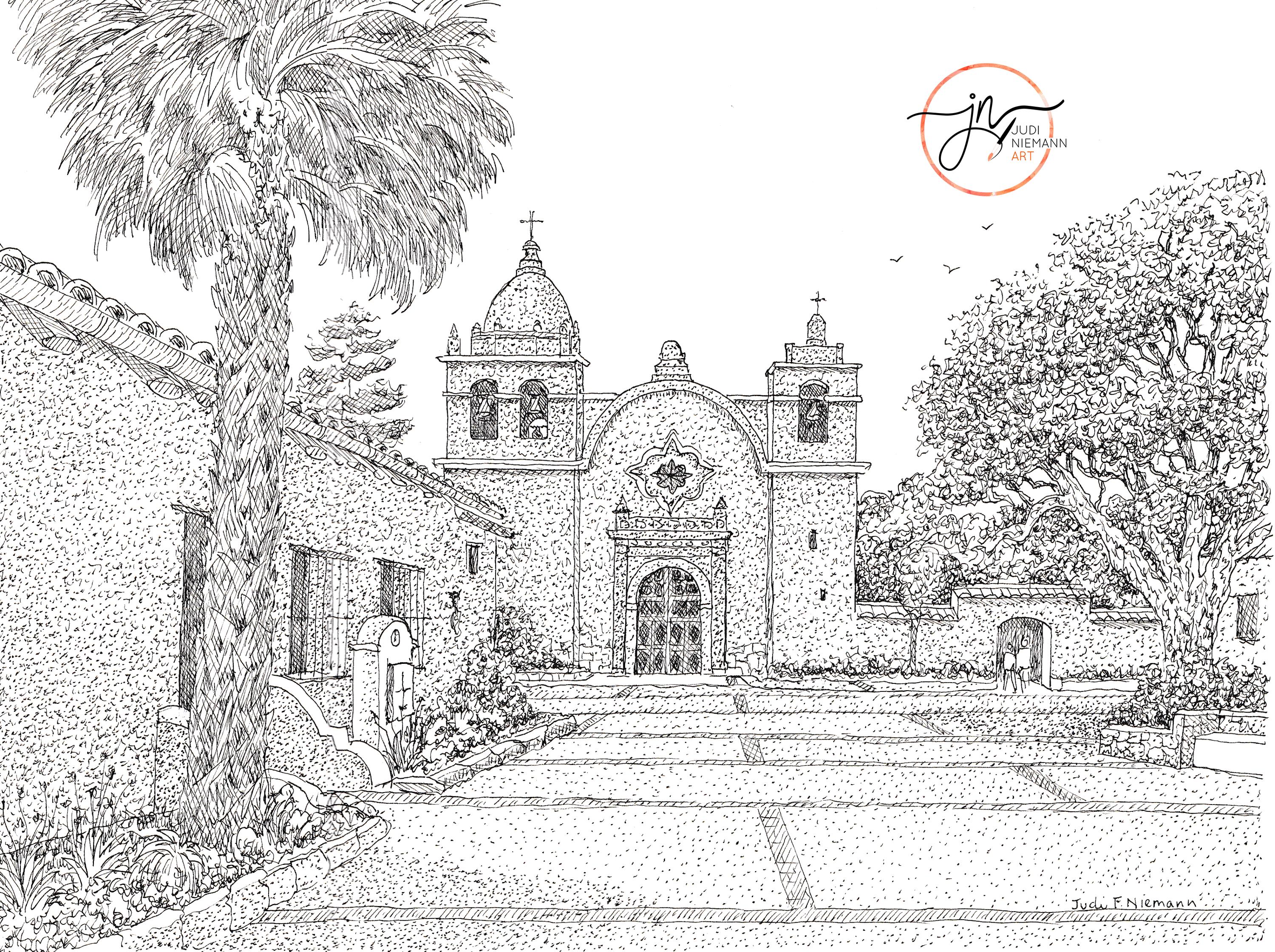 Carmel Mission, Pen and Ink print, Carmel CA, Art of Carmel Mission |