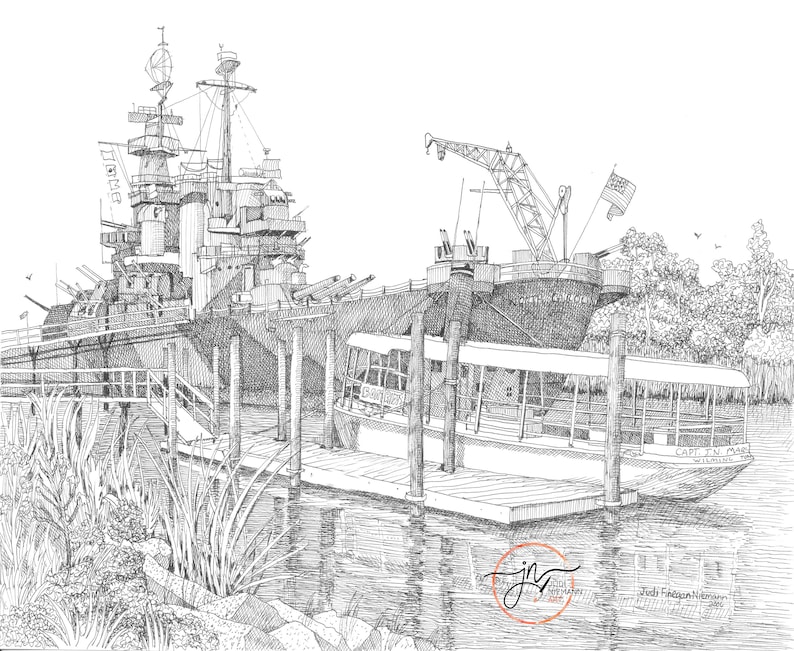 Battleship North Carolina, Pen and Ink Drawing Cape Fear River