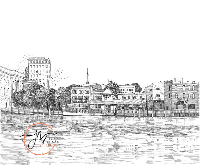 Battleship North Carolina, Pen and Ink Drawing Cape Fear River