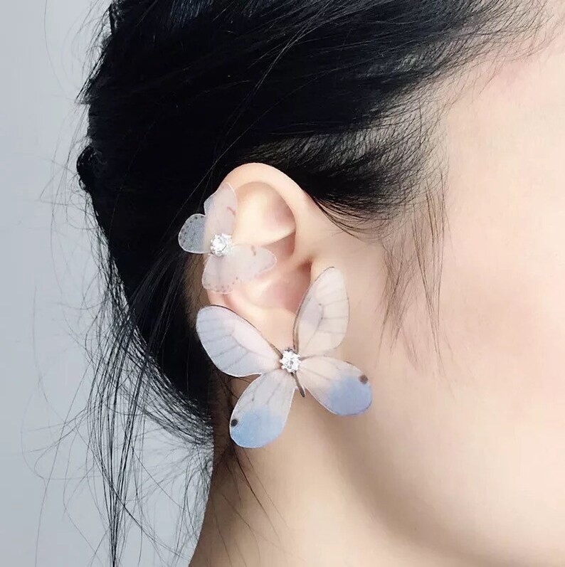 3D Effect Organza Butterfly ear cuff clip adjustable ear cuff rhinestone ear cuff