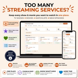 Puede incluir: Una interfaz de seguimiento de streaming digital mostrada en una pantalla de portátil y smartphone. El texto dice TOO MANY STREAMING SERVICES? Keep every show & movie you want to watch in one place. TV SHOWS, MOVIES, WATCHLISTS, NEW EPISODES e INSTANT DIGITAL DOWNLOAD.