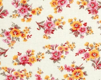 Quilt Cotton Fabric Spring Ahead Red Pink Floral on Light Cream