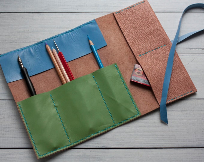 Leather Pencil Case Leather Pen Roll Case Holder Etsy