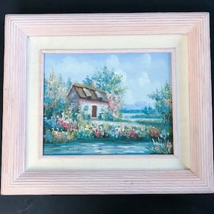 Floral Garden Cottage Oil Painting Art In Pink Painted Frame Fairy Grandma Core
