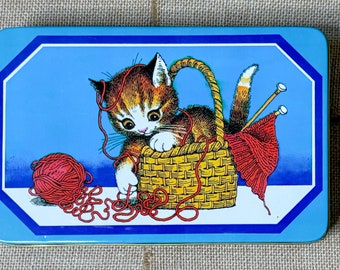 Vintage Mischievous Cat Kitten In Basket Playing w Yarn Rectangular Tin