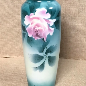 Vintage CT Altwasser Green Pink Floral Tall Vase Romance Cottage Grandma Core