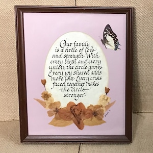 Vintage Handmade Our Family Dried Flowers Butterfly Calligraphy Art Cottage Core