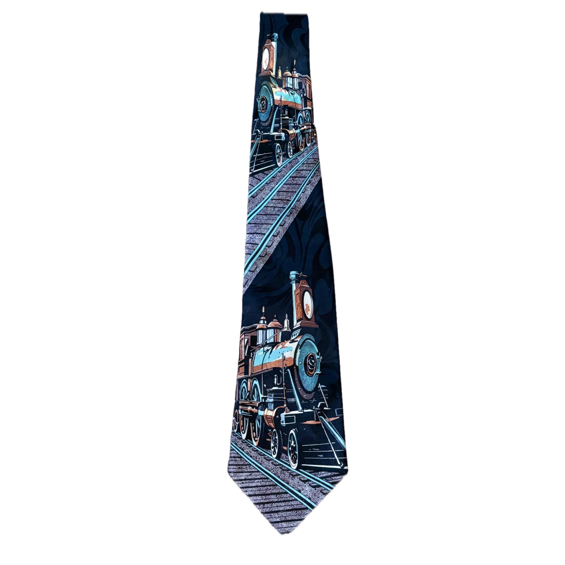 British Steam Trains Silk Tie - 100% Silk Classic Necktie With Repeating Train Pattern, Blue Background - View #13