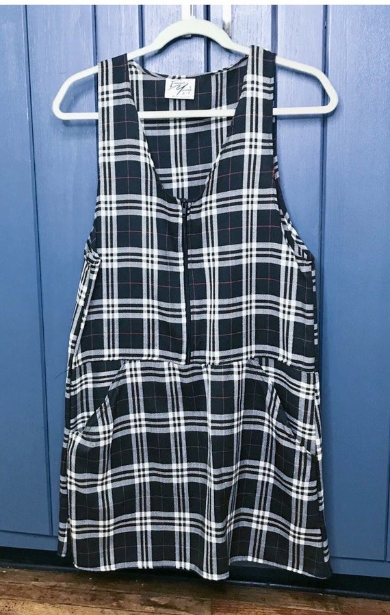 Vintage Black White Plaid Drop Waist Jumper Dress 