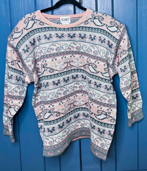 Vintage Koret Pink Gray Fun Pattern Sweater XL Gra