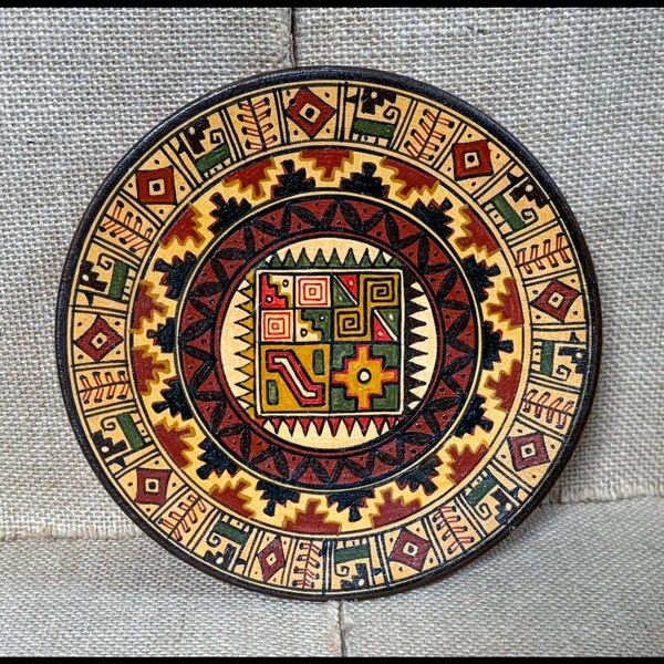 Vintage Peruvian Folk Art Cusco Peru Hand Painted Wood Plate Wall Hanging 6 1/4"