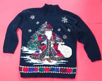 Tiara Ugly Christmas Sweater Medium Santa Claus Snowflakes Sequins Metallic Threads