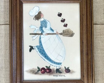 Vintage Signed Sandy Honan Theorem Painting Baker w Apple Pie Baked With Love