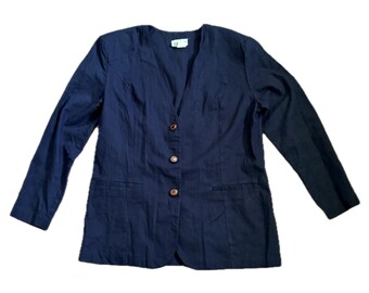 Veste blazer bleu marine en lin et coton pour femme, taille large Collegiate Academia vintage