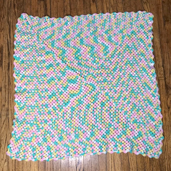 Vintage Handmade Crochet Scalloped Trim Baby Afghan Pink Yellow Mint Green White