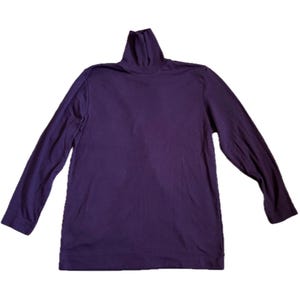 May include: A long-sleeved, dark purple turtleneck shirt. The shirt is made of a soft material and has a high, folded collar. The sleeves are long and extend to the wrists. The shirt is a solid color and has a simple, classic design.