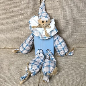 Vintage Wood Block Fabric Clown Doll Figure Shelf Sitter Whimsical Cottage Core