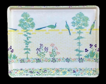 Vintage Franse fazant bloemen glasvezel dienblad vogels bakstenen muur Cottagecore