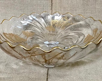 Vintage Silver City 22 K Floral Rippled Glass Bowl w Feet Scalloped Edge