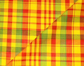 Veritable Tissu Madras 100% Coton, jaune-rouge-vert - Coupon à la Mesure - Tissu antillais en Coton tissé Madras