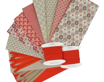 Set of 8 printed fabric coupons 2 cotton poplin fabric coupons + Cotton piping and bias + Gift: 6 Assorted Zips (LOT F)