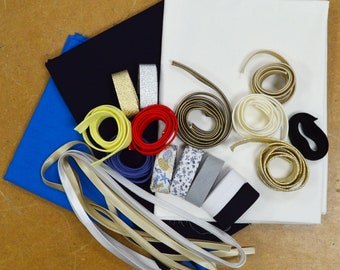 Anti-waste basket "fusion" K - Cotton poplin fabric (3 coupons), cotton bias and piping, satin, lurex, imitation leather, elastic...