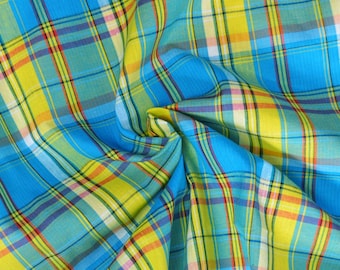 Genuine Madras Fabric 100% Cotton Turquoise, Yellow, Red - Cut to Measure - West Indian Madras woven cotton fabric