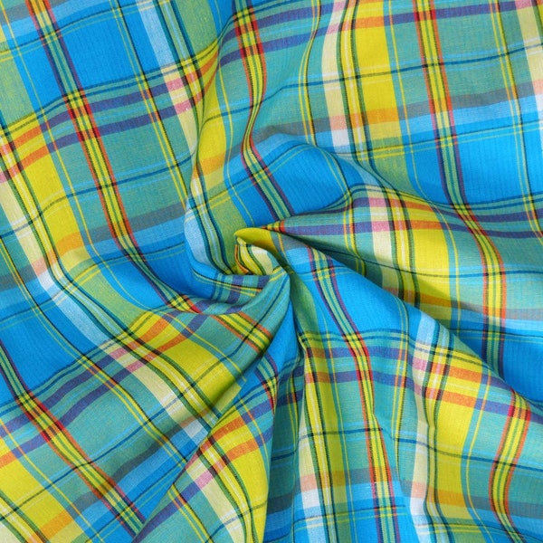 Veritable Tissu Madras 100% Coton Turquoise, Jaune, Rouge - Coupon à la Mesure - Tissu antillais en Coton tissé Madras