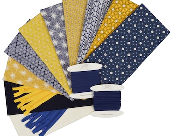 Set of 8 printed fabric coupons 2 cotton poplin fabric coupons + Cotton piping and bias + Gift: 6 Assorted Zips (LOT E)