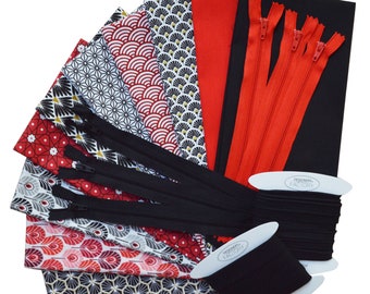 Set of 8 printed fabric coupons 2 cotton poplin fabric coupons + Cotton piping and bias + Gift: 6 Assorted Zips (LOT F)