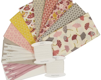 Set of 8 printed fabrics pieces + 2 Cotton Poplin Fabrics pieces + Cotton piping and bias + Gift : 6 Assorted Zips (LOT D)