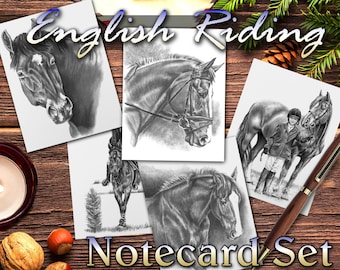 English Riding Horse Pencil Drawing Art Card assortment PACK OF FIVE, Warmblood | blank note cards stationery horse lover gifts