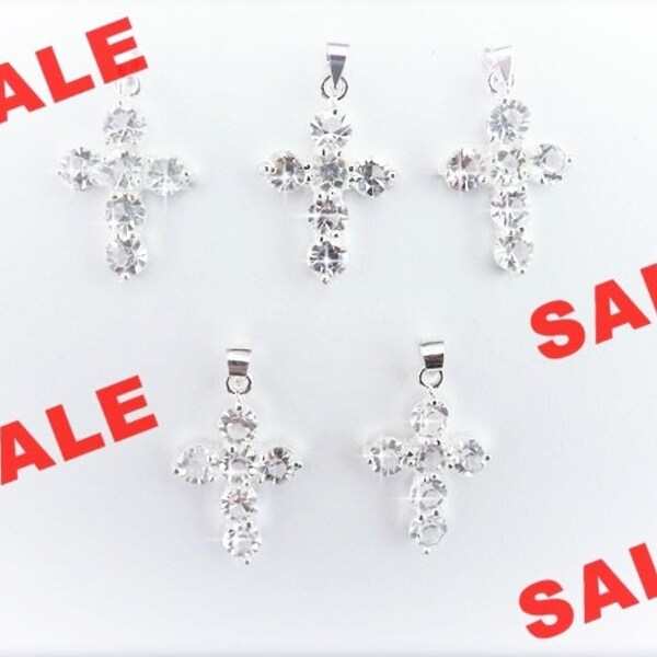 Cross Pendant, Crystal Cross charms, 5 pcs, Silver plated Cross