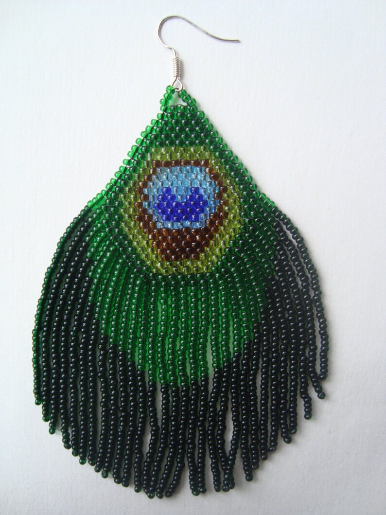 Exquisite Beaded Peacock Feather Long Fringe Earrings Etsy