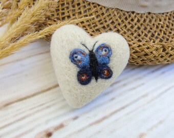 Needle felted white heart brooch with butterfly prints