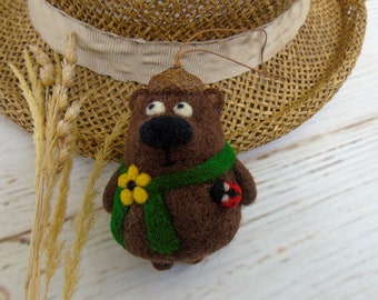 Needle felt brown bear ornament, Gift idea for bear lovers, Teddy bear figurine