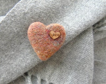 Needle felted heart brooch decorated with wooden heart with word LOVE