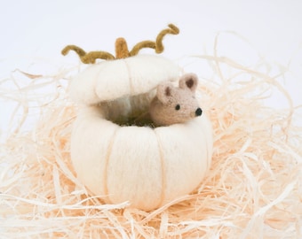White pumpkin and beige mouse, Needle felt miniature, Halloween decoration, Table décor, Fall décor, Pumpkin decoration, Halloween gift