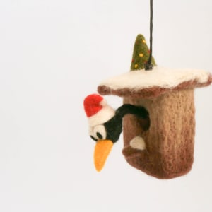 Christmas ornament birdhouse with bird and Christmas tree, Needle felted miniature, Winter home decor