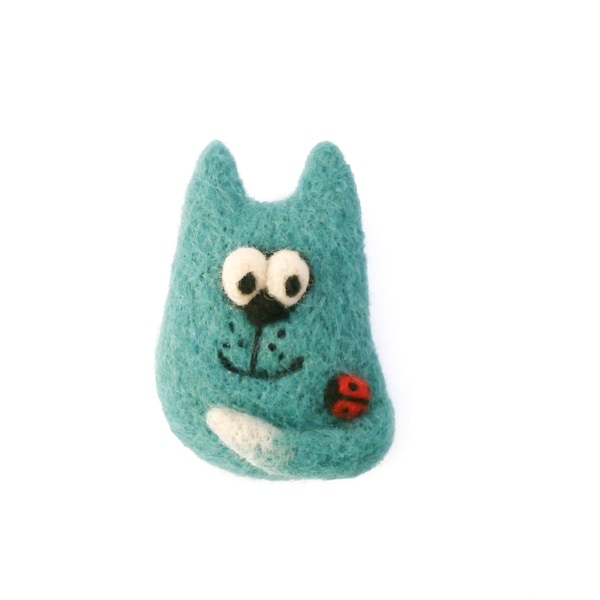 Cat with ladybug needle felt brooch