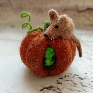 May include: A handcrafted felt pumpkin with a small brown mouse on top. The pumpkin is orange with a green stem and a green interior visible through a small opening. The mouse has a long tail and small black eyes.