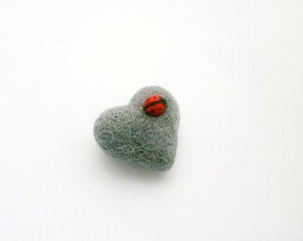 Needle Felted Gray Heart Brooch with Ladybug, Valentine’s Day Gift, Wool Heart Pin