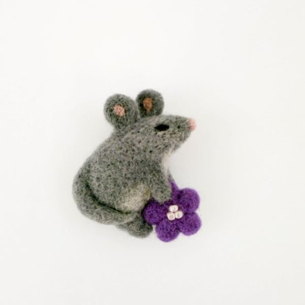 Gray mouse brooch, Needle felt rat miniature pin