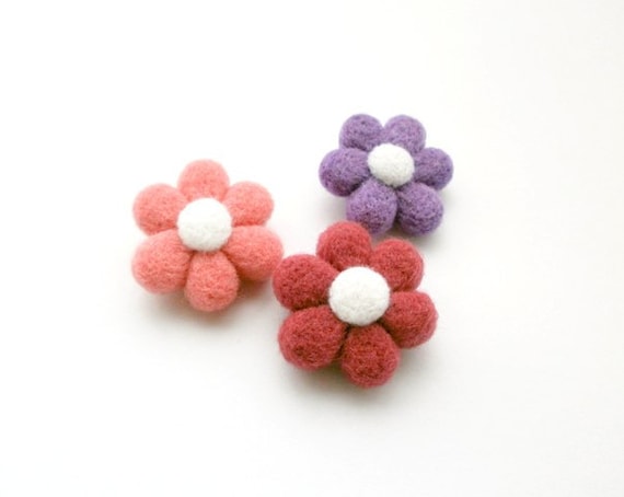 Set of 3 Needle Felted Wool Flower Brooches, Pastel Pink Purple Floral Pins