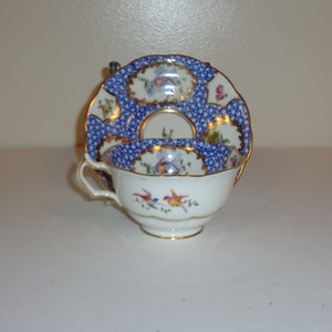 Crescent China Jones and Sons, Multiple Birds Mottled Blue Heavy Gold Cup and Saucer Fine Bone China Made in England Free Shipping in USA
