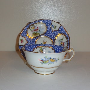 Crescent China Jones and Sons, Multiple Birds and Mottled Blue Interior Heavy Gold Cup and Saucer Made in England Free Shipping in the USA